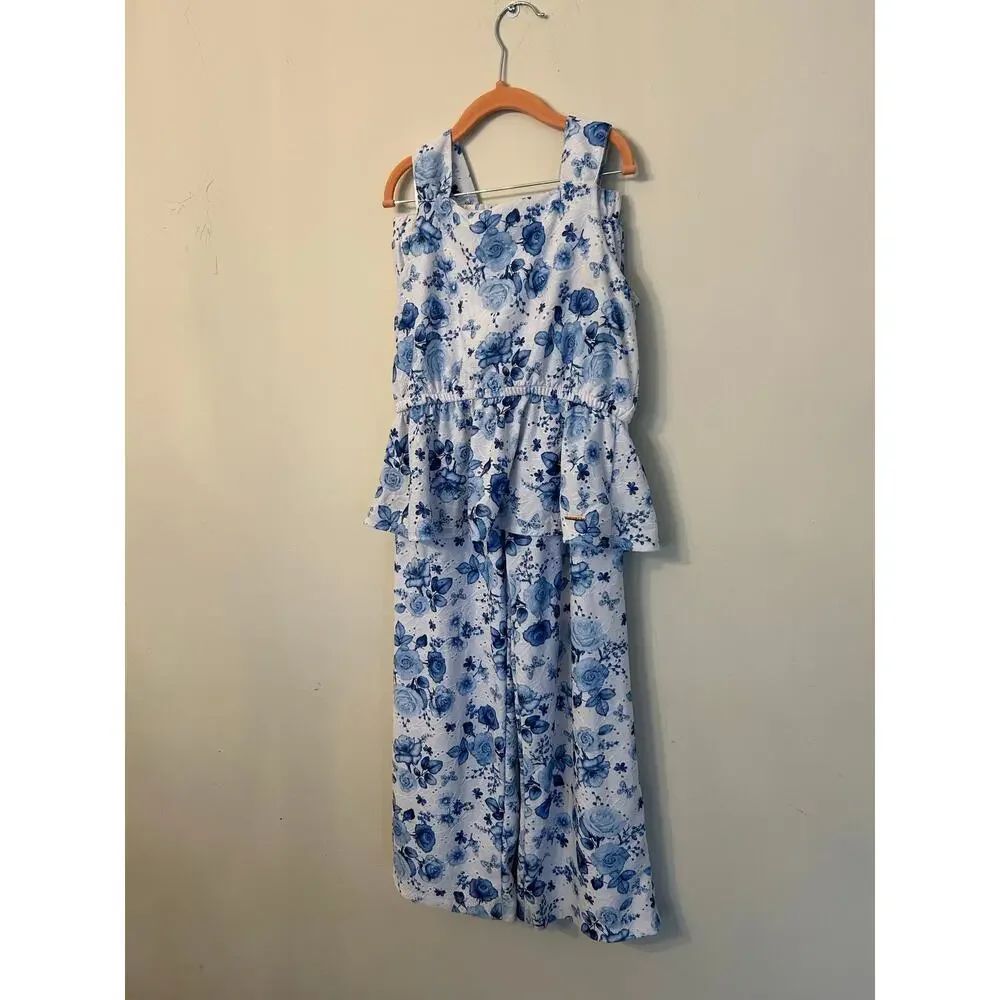 Tahari Girls Blue White Floral 2 Pc Matching Set Peplum Top Wide Leg Pants Sz 12